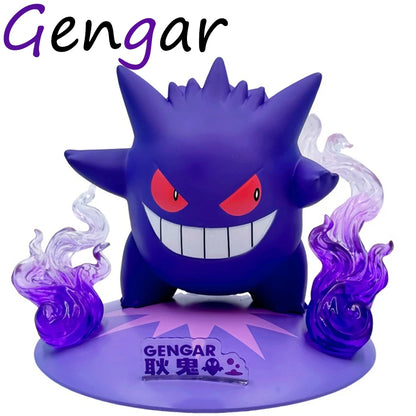Purple Gengar figurine with red eyes and a wide smile, flanked by translucent purple flames on a round base.