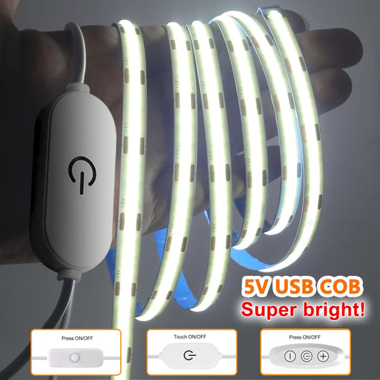Coiled white COB LED strip light with touch sensor control, USB cable, and glowing white light.
