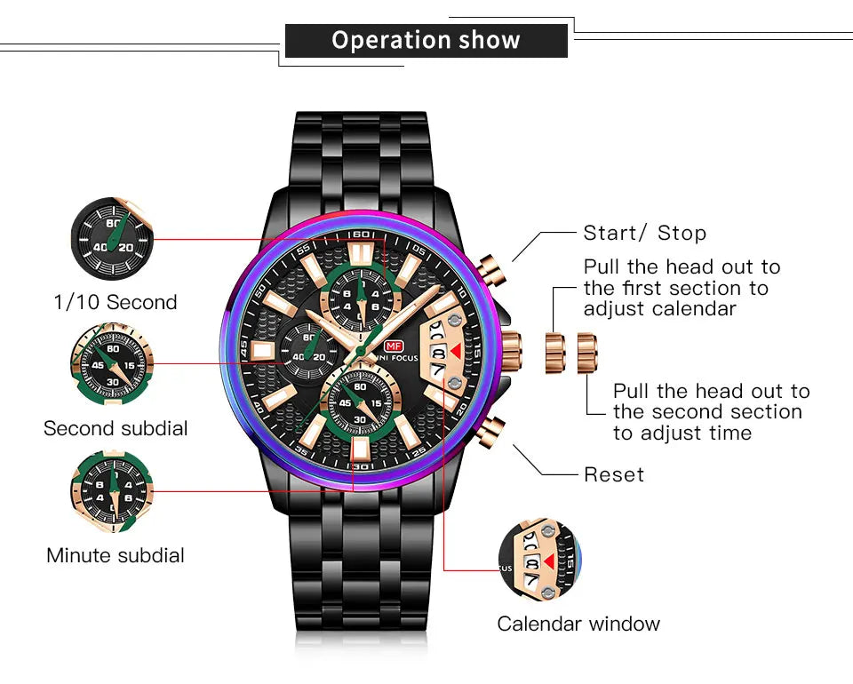 MINI FOCUS Motley Watches for Men Fashion Sport Chronograph Quartz Wristwatch with Date Luminous Hands Stainless Steel Strap Man