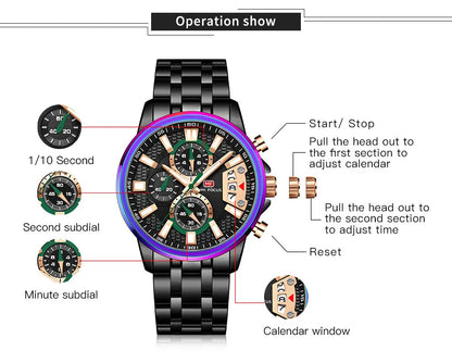 MINI FOCUS Motley Watches for Men Fashion Sport Chronograph Quartz Wristwatch with Date Luminous Hands Stainless Steel Strap Man