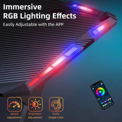 Black carbon-fiber gaming desk with glowing red and blue RGB lights along the edges and a smartphone app controller.