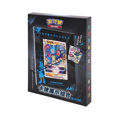 Black Pokémon trading card display box featuring a Lucario VSTAR card and two booster packs.