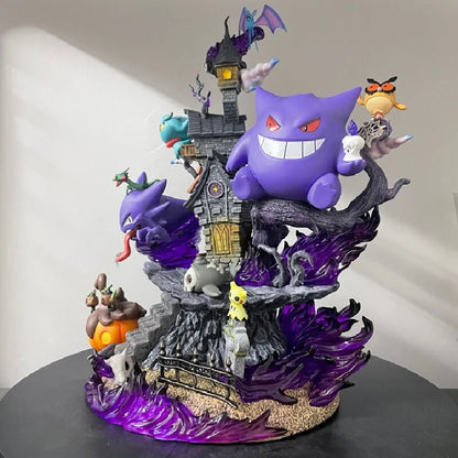 Gengar evolution figure on a haunted house base with purple flames, ghosts, and spooky details.