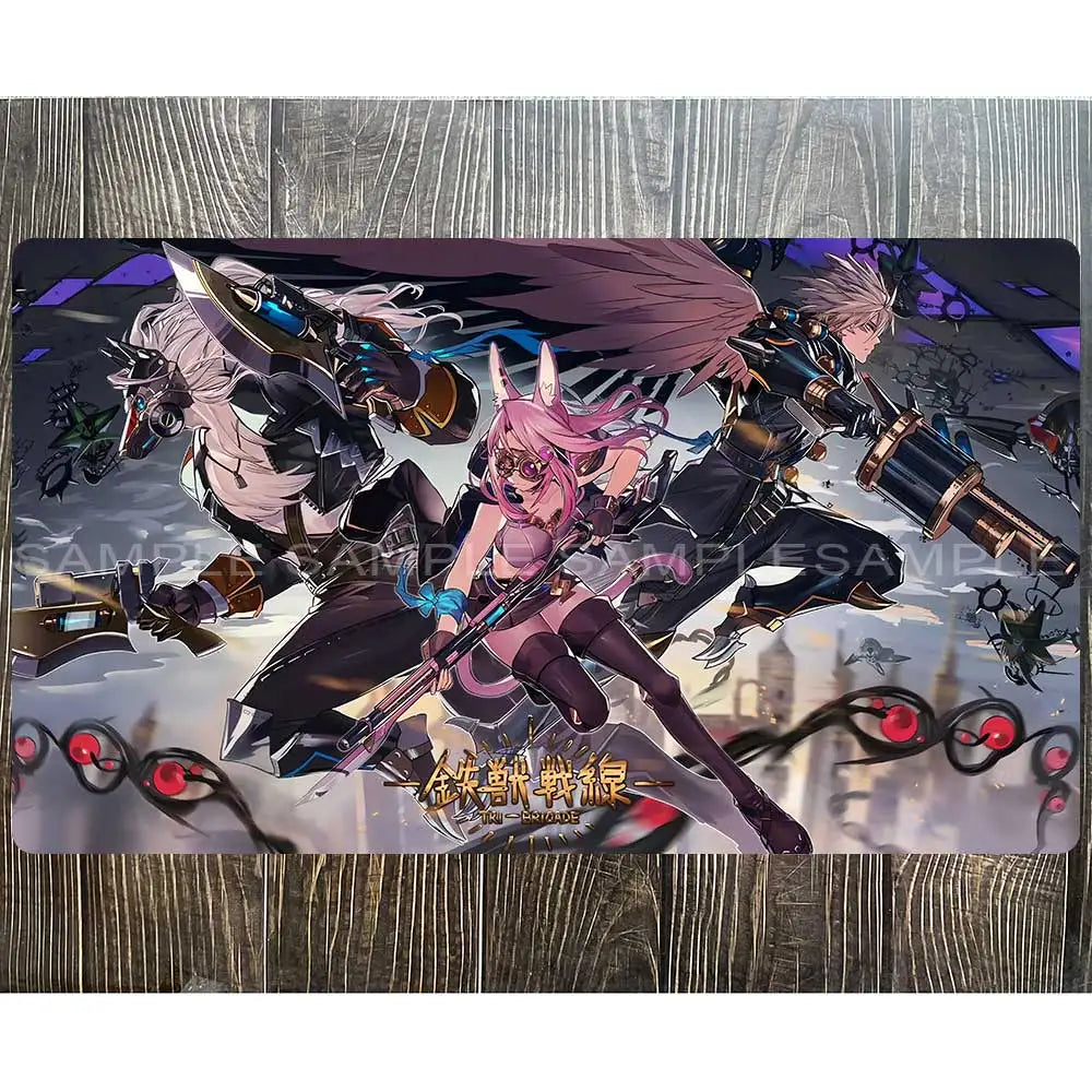 Yu-Gi-Oh! Tri-Brigade playmat features three anime characters with weapons and wings, in purple, black, and gold tones.