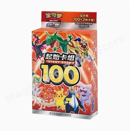 Pokémon Start Deck 100 orange box featuring Pikachu, Rayquaza, and other characters.