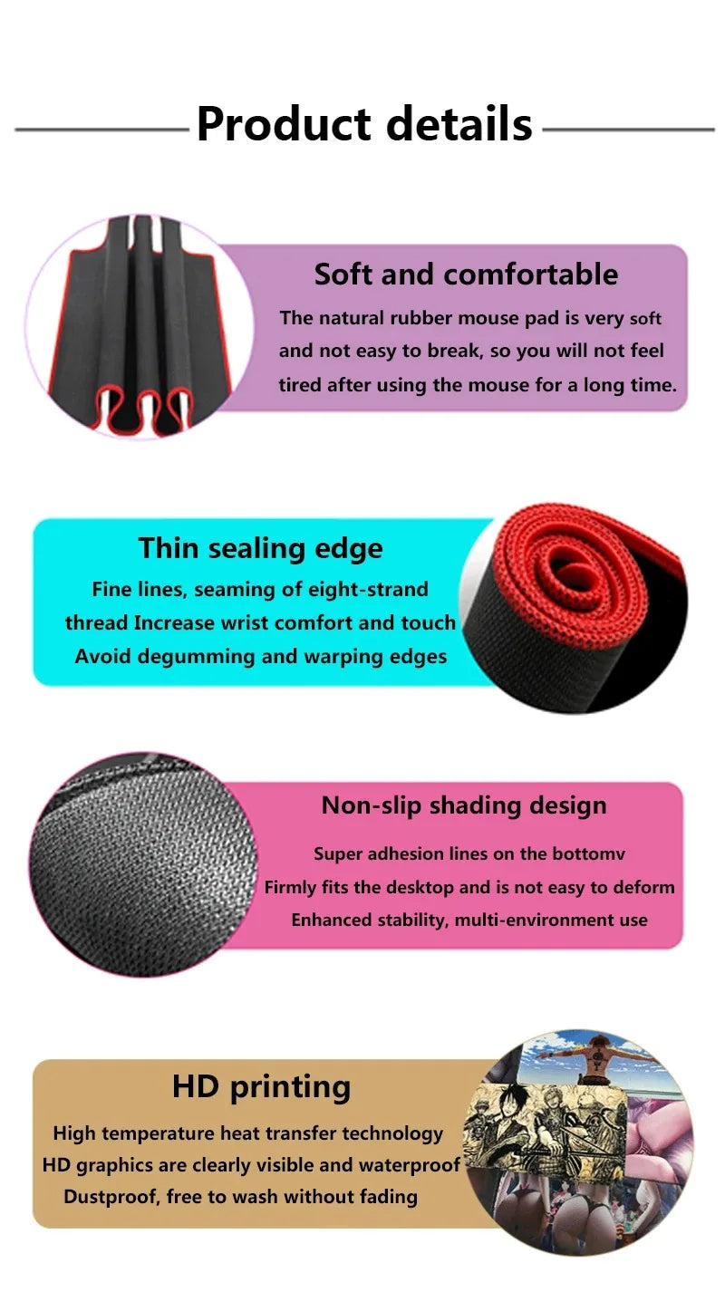 Infographic highlighting mousepad features: soft material, red stitched edges, non-slip base, and HD printing.