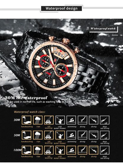 MINI FOCUS Motley Watches for Men Fashion Sport Chronograph Quartz Wristwatch with Date Luminous Hands Stainless Steel Strap Man