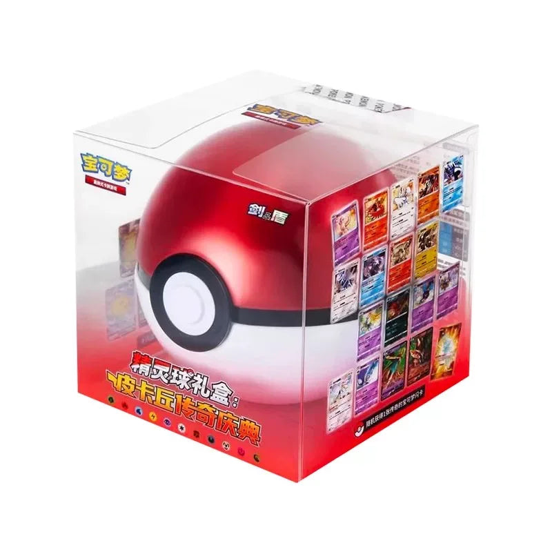 Red and white Poké Ball tin inside a clear plastic gift box with Pokemon cards printed on the side.