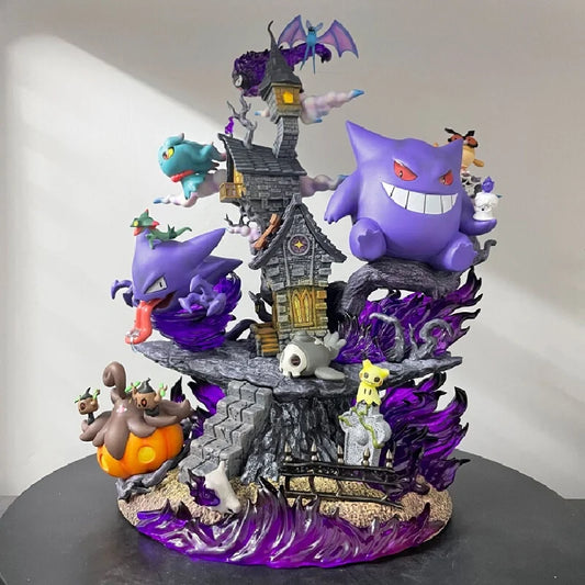 A Gengar evolution group figurine featuring a haunted house, purple flames, and ghostly Pokémon in purple, blue, and orange.
