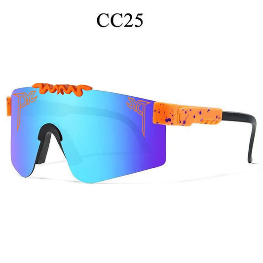 Sport sunglasses with blue-purple reflective lenses, orange temples with purple speckles, and black ear pieces.