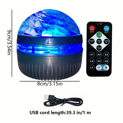 Blue LED galaxy lamp with remote control and USB cable, showing height and width dimensions.
