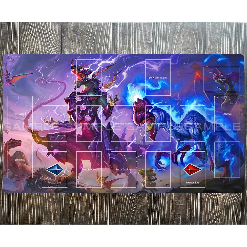 Yu-Gi-Oh playmat features two dinosaur-like monsters in purple and blue with lightning, surrounded by card zones.