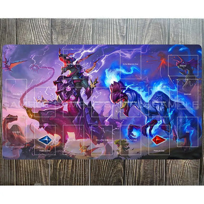 Yu-Gi-Oh playmat features two dinosaur-like monsters in purple and blue with lightning, surrounded by card zones.