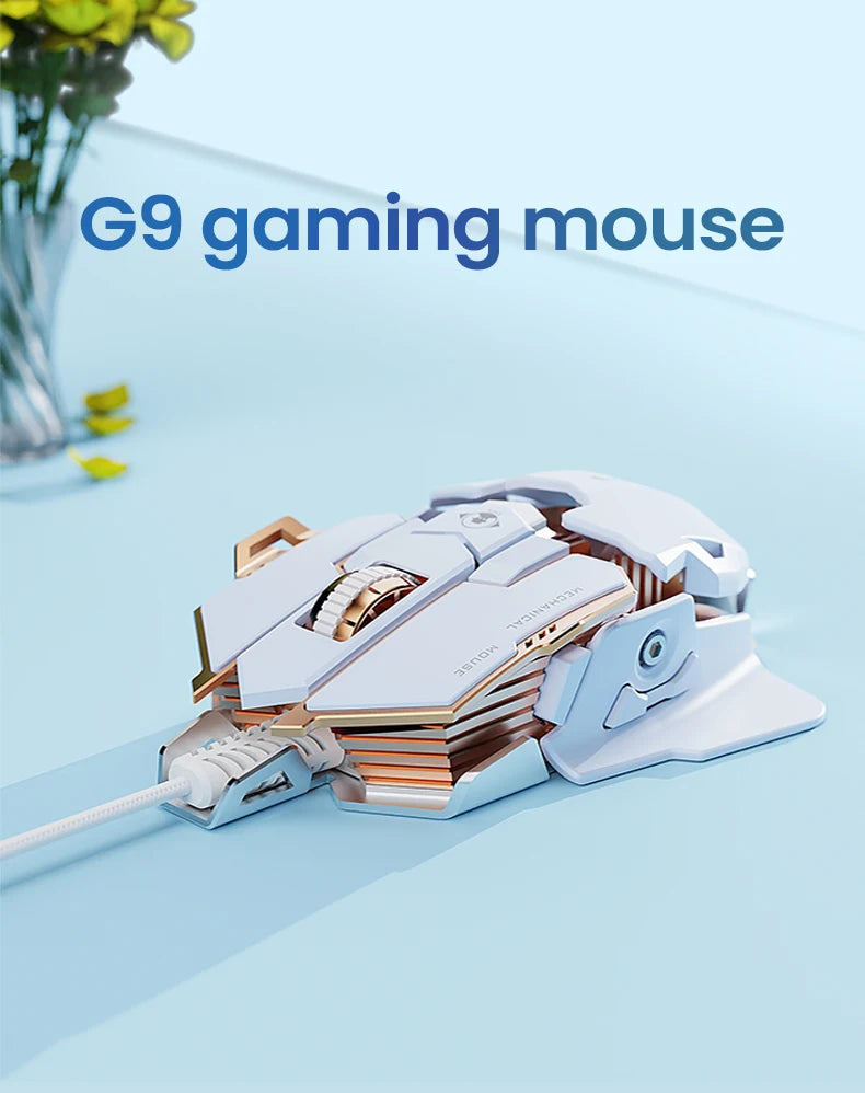 White and gold wired gaming mouse with an angular, mechanical design on a light blue surface.