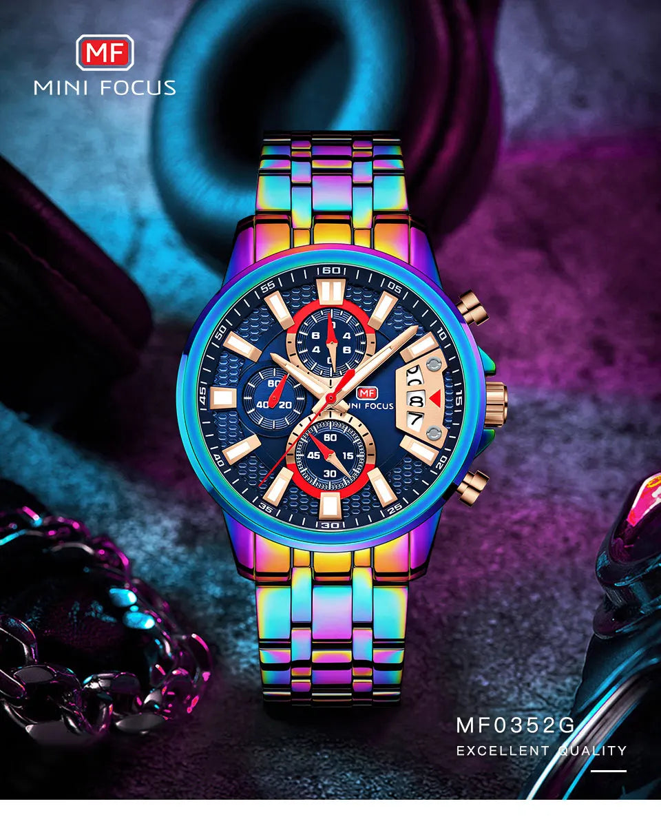 MINI FOCUS Motley Watches for Men Fashion Sport Chronograph Quartz Wristwatch with Date Luminous Hands Stainless Steel Strap Man