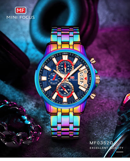 MINI FOCUS Motley Watches for Men Fashion Sport Chronograph Quartz Wristwatch with Date Luminous Hands Stainless Steel Strap Man