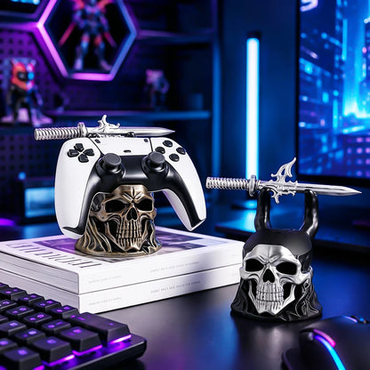 Bronze skull controller stand holding a game controller and toy sword, next to a black horned skull stand.