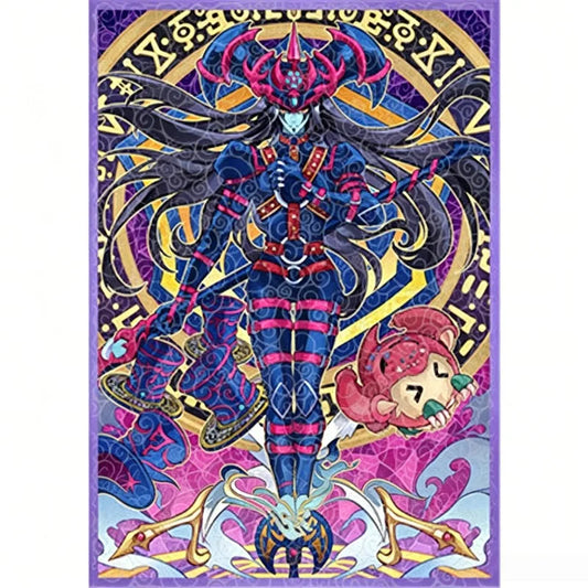 Magician of Black Chaos in blue armor and pink straps, with a staff, before a circular ring.