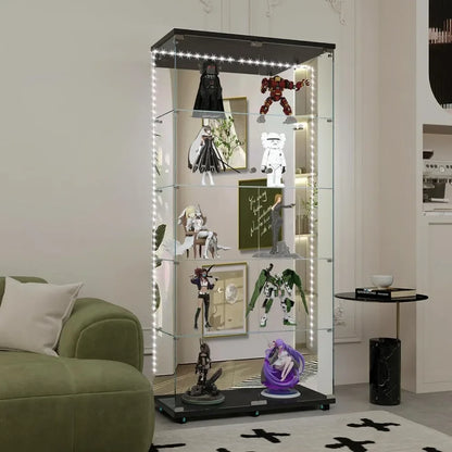 Black 5-tier glass display cabinet with LED lights illuminating action figures on glass shelves.
