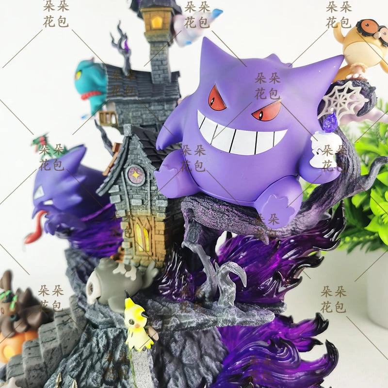 Gengar figure on a haunted house base with purple flames, holding a candle with purple fire.