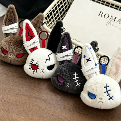 Gothic Bunny Plush Keychain Rabbit Bag Charm with Bandage Design Kawaii Key Ring Pendant Car Bag Ornament Gift