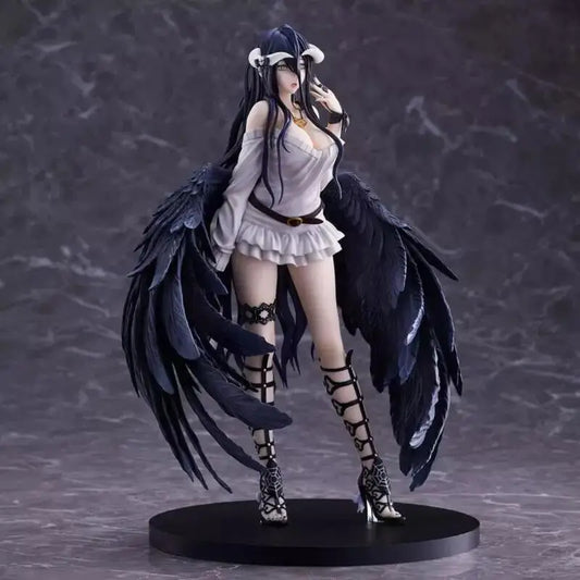 Albedo figurine with long black hair, white off-shoulder dress, large black wings, and strapped boots on a round black base.