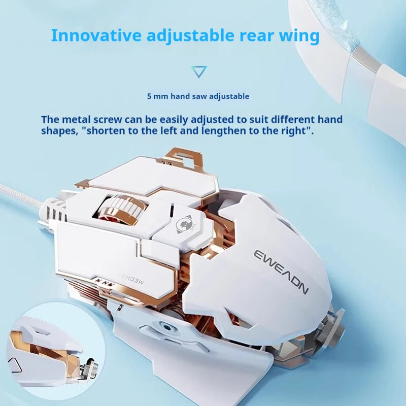 White and copper EWEADN gaming mouse with adjustable rear wing and exposed mechanical details on a light blue background.