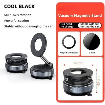 Black foldable magnetic car phone holder with suction base and rotating ring.
