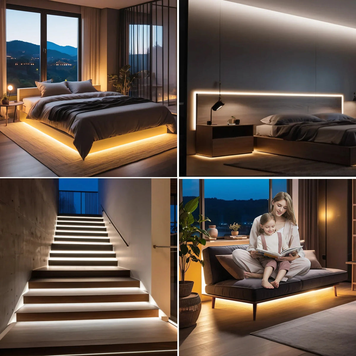 Four split-screen views showing warm LED strip lights installed under a bed, along a headboard, beneath stairs, and under a sofa.