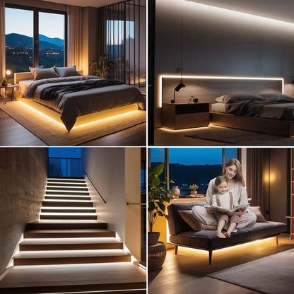 Four split-screen views showing warm LED strip lights installed under a bed, along a headboard, beneath stairs, and under a sofa.