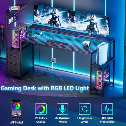 Carbon fiber gaming desk with dual monitors, RGB lighting, shelves, and storage drawers.