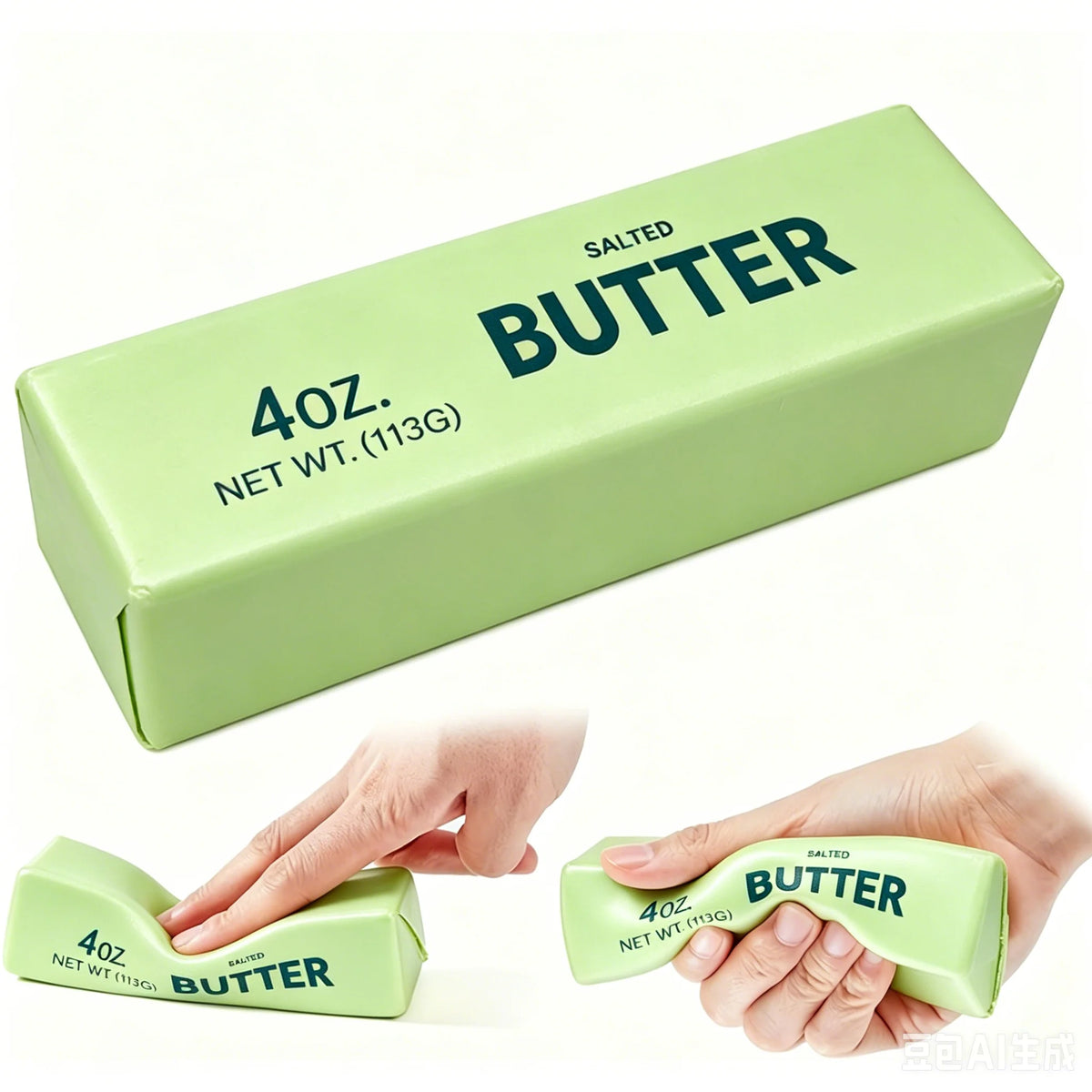 A light green stick of salted butter with dark green text, shown being pressed and squeezed by hands.