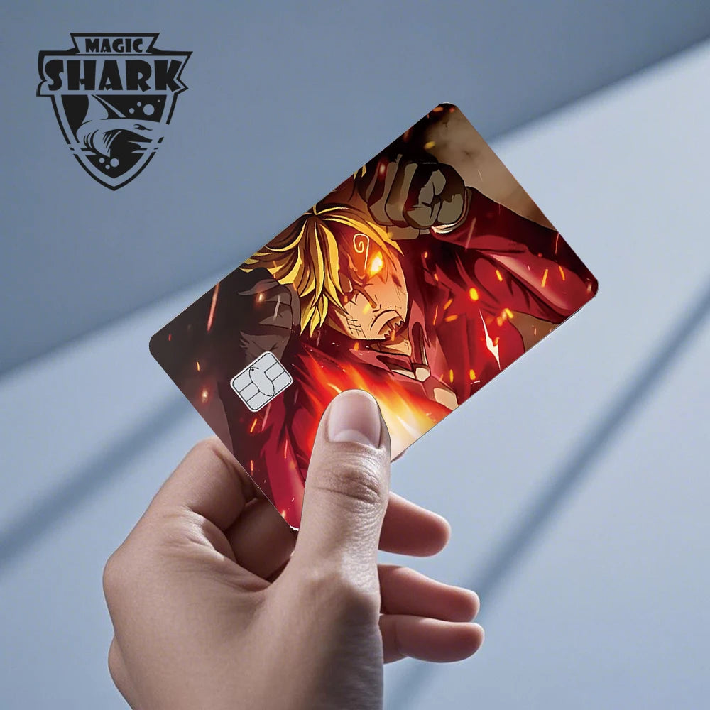 Hand holding a credit card skin featuring an anime character with glowing yellow eyes amid red flames.