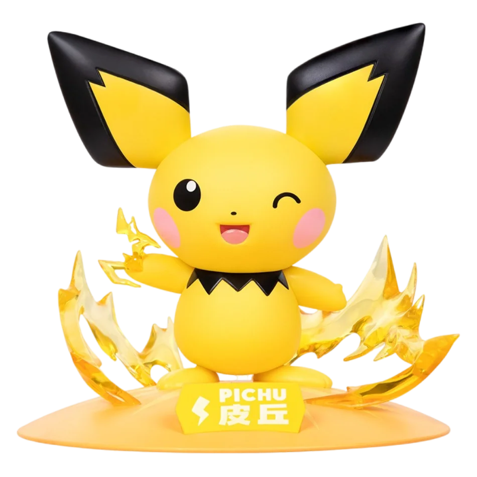 Pichu action figure with yellow and black body, pink cheeks, holding lightning, standing on a yellow base.