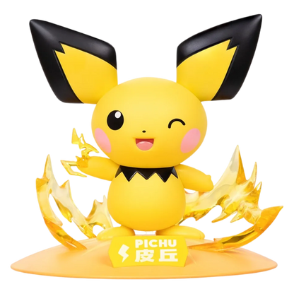 Pichu action figure with yellow and black body, pink cheeks, holding lightning, standing on a yellow base.