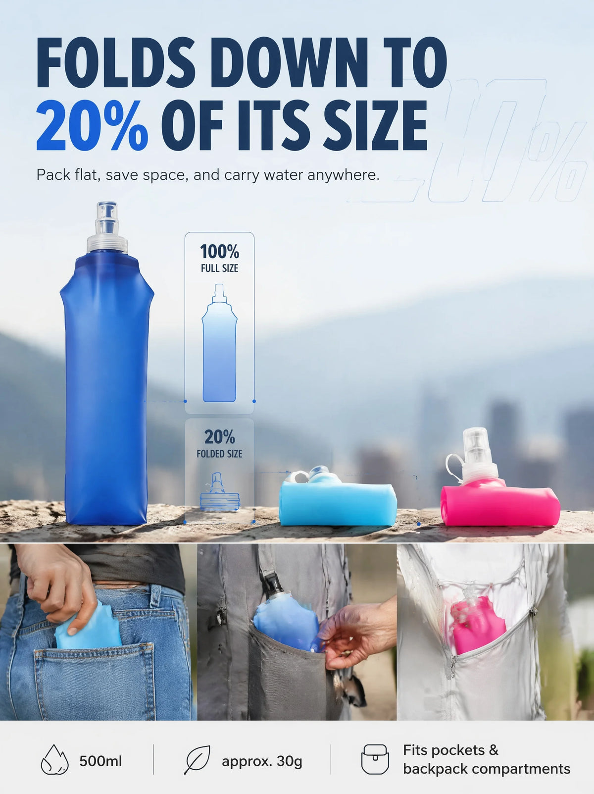 A blue, collapsible water bottle shown full size, folded, and in blue and pink on an outdoor backdrop.