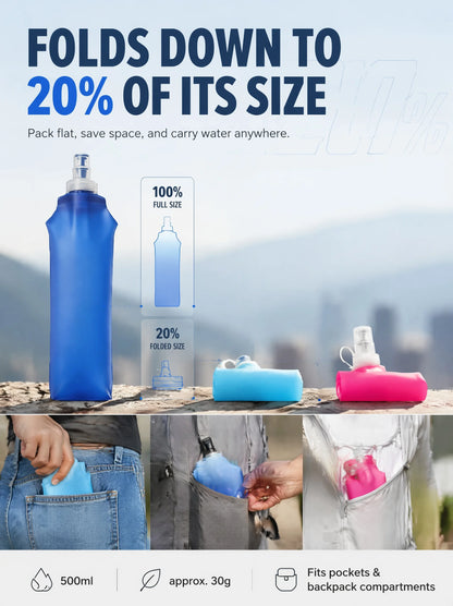 A blue, collapsible water bottle shown full size, folded, and in blue and pink on an outdoor backdrop.