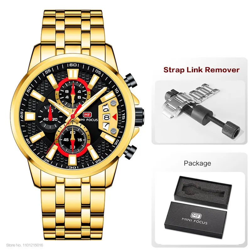 MINI FOCUS Motley Watches for Men Fashion Sport Chronograph Quartz Wristwatch with Date Luminous Hands Stainless Steel Strap Man