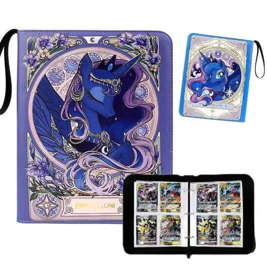 Purple card binder featuring Princess Luna from My Little Pony, with open pages showing trading cards inside.