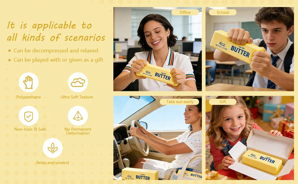 Four panels show people of various ages squeezing a yellow "Salted Butter" stick toy in different settings.