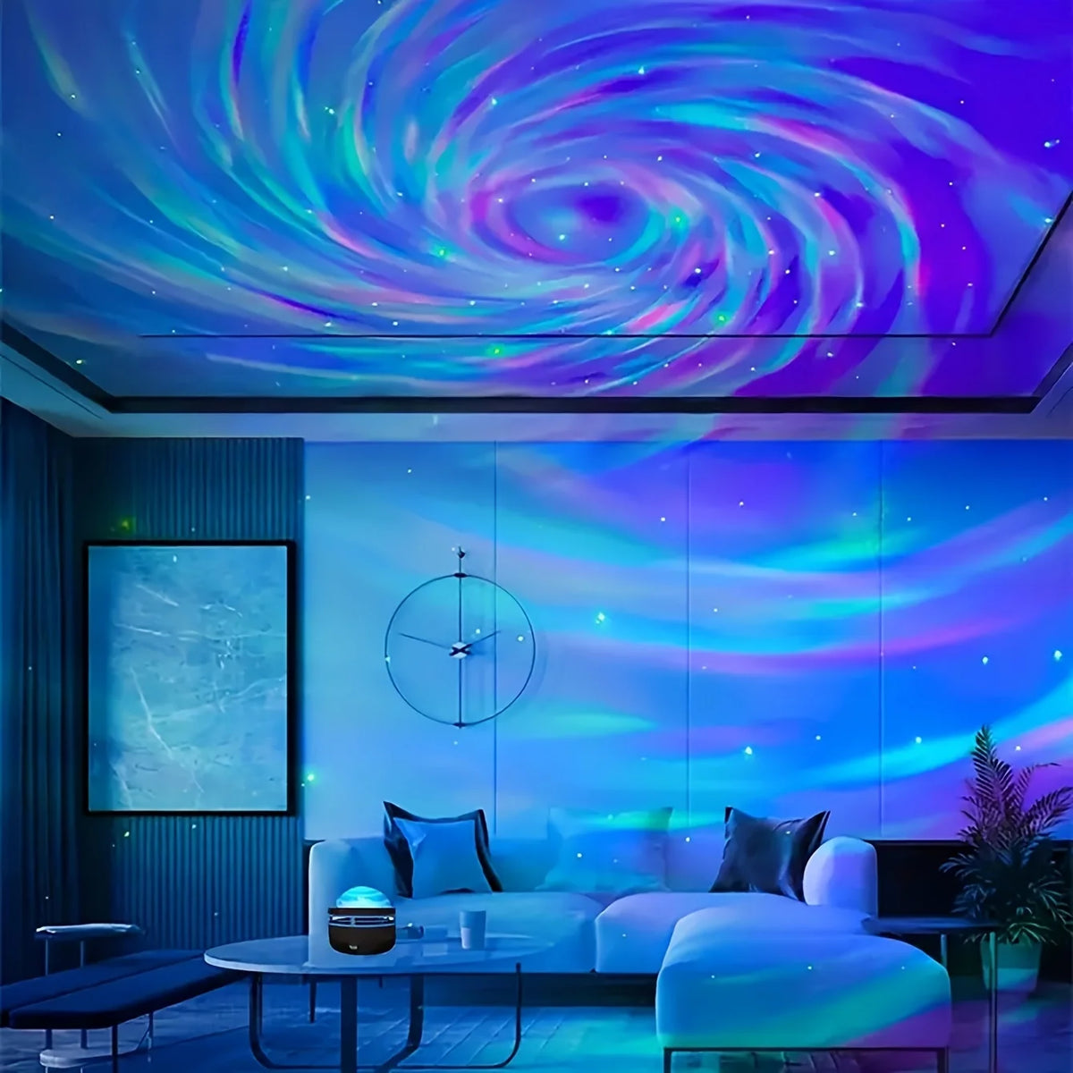 A blue and purple galaxy projector light illuminates a living room ceiling and walls in swirling patterns and starry dots.
