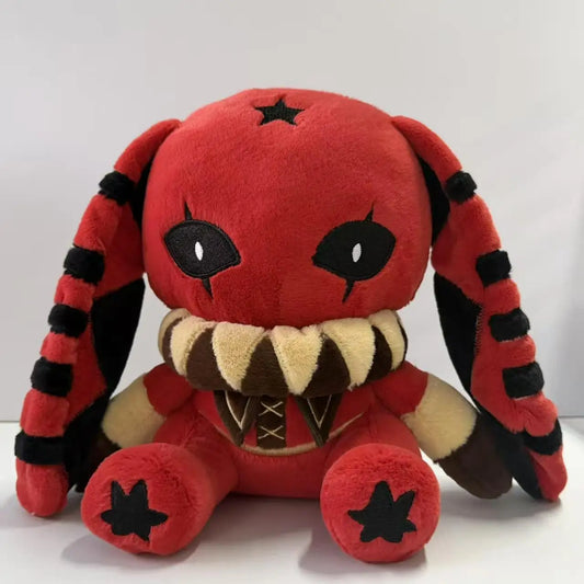 Red plush rabbit toy with long black-striped ears, black star details, and a brown-and-cream ruff.