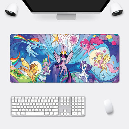 Colorful My Little Pony desk mat featuring cartoon ponies under a stained-glass style design with keyboard and mouse.