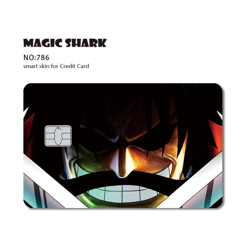 Anime card skin featuring a dark-haired character with a prominent mustache and wide, toothy grin.