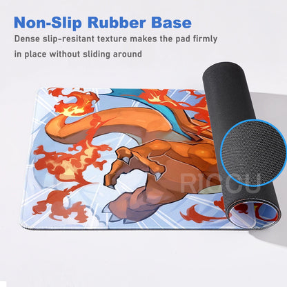 Charizard gaming mouse pad featuring an orange dragon character amidst flames, with a black non-slip rubber base.