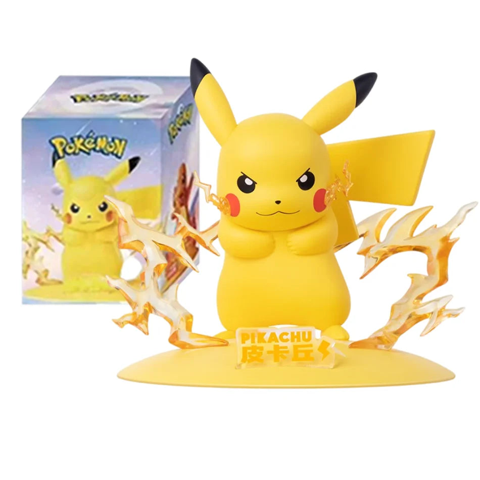 Yellow Pikachu figure with crossed arms, surrounded by translucent orange lightning effects on a round base.