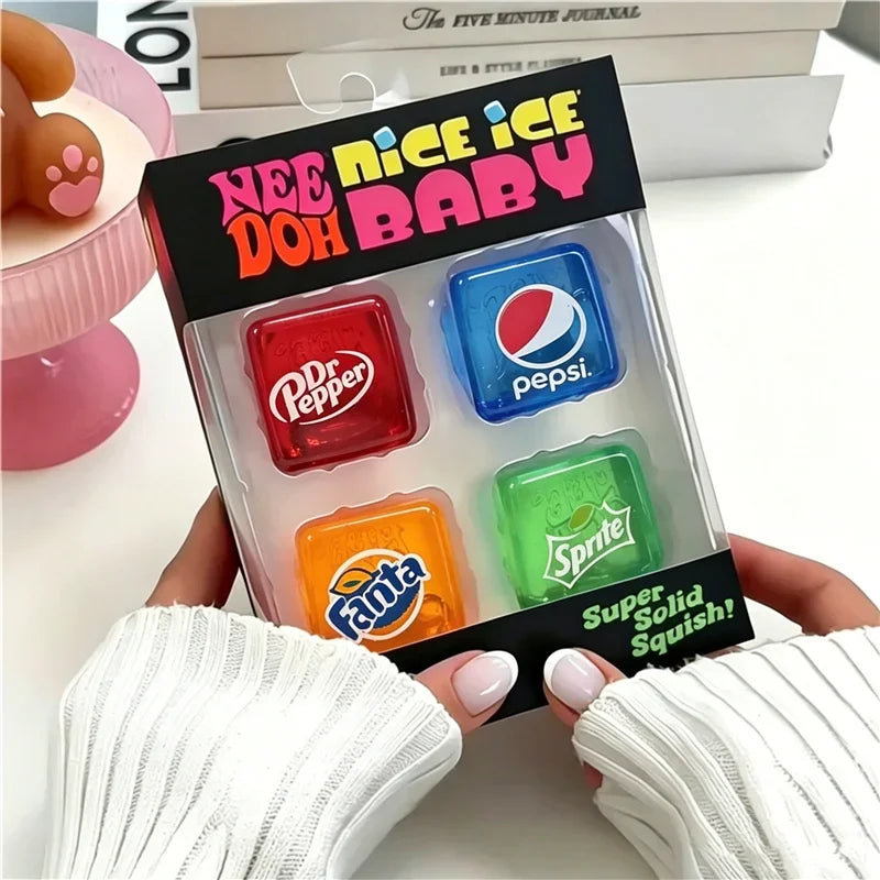 Schylling Needoh Nice Ice Baby 4 Pack Teenie Cube Fidget Relief Sensory Toy Cola Sprite Cube Squish Toy Maltose Non-toxic Gift