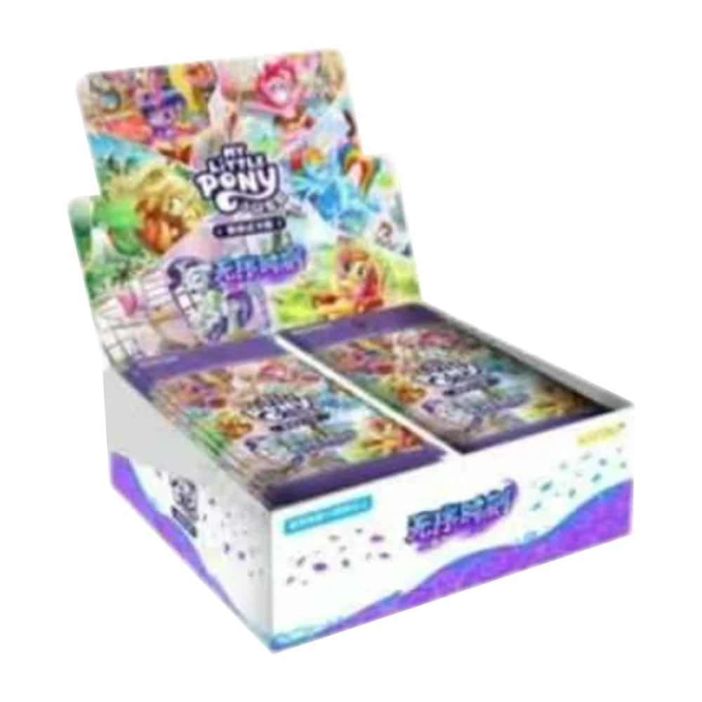 My Little Pony booster pack display box with purple and white packaging showing colorful character artwork.