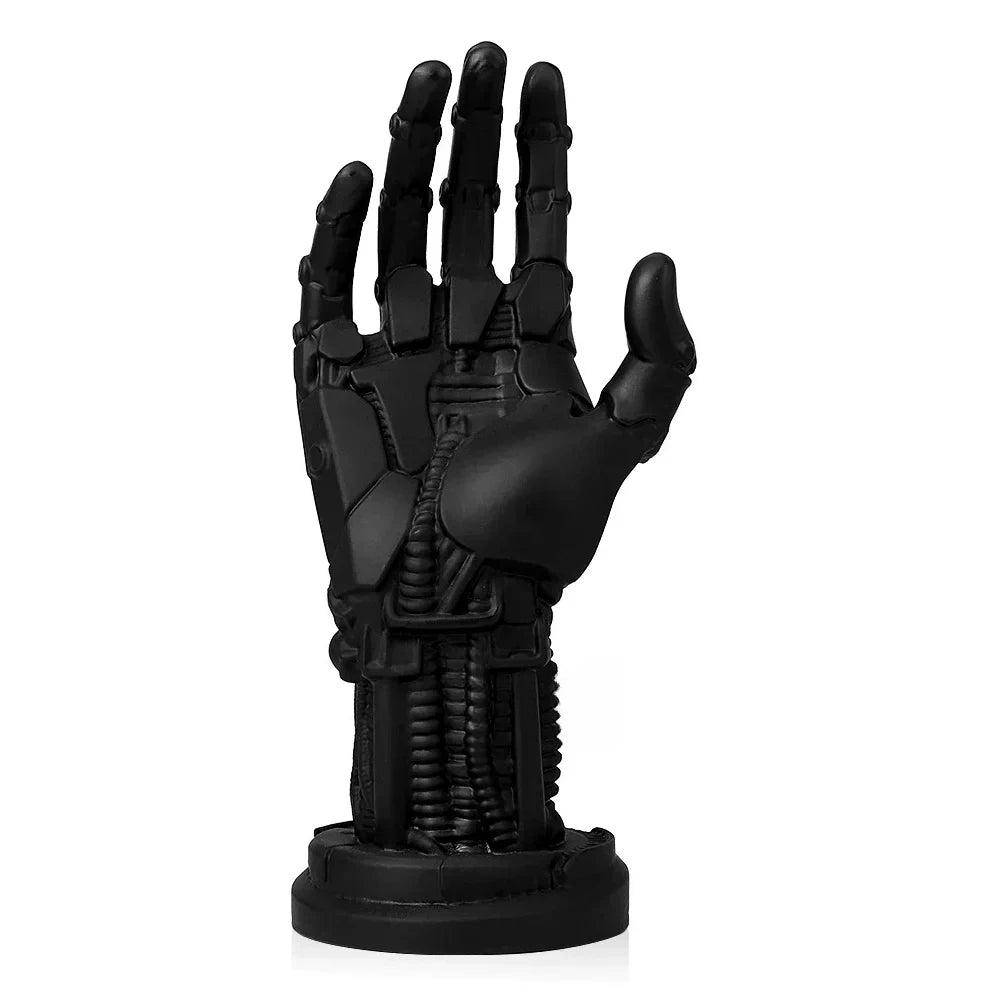 Matte black cyberpunk robotic hand ornament featuring exposed mechanical joints, cables, and a round base.