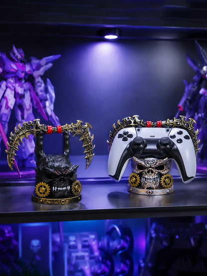 Two steampunk skull controller stands with gears and spiked arches, one holding a white game controller.
